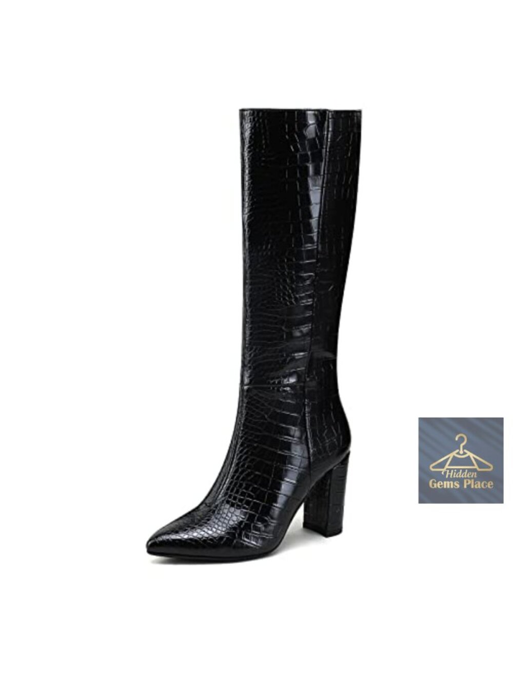 Women's Knee High Faux Crocodile Block Heel Pointed Toe Boots, Chunky Heel